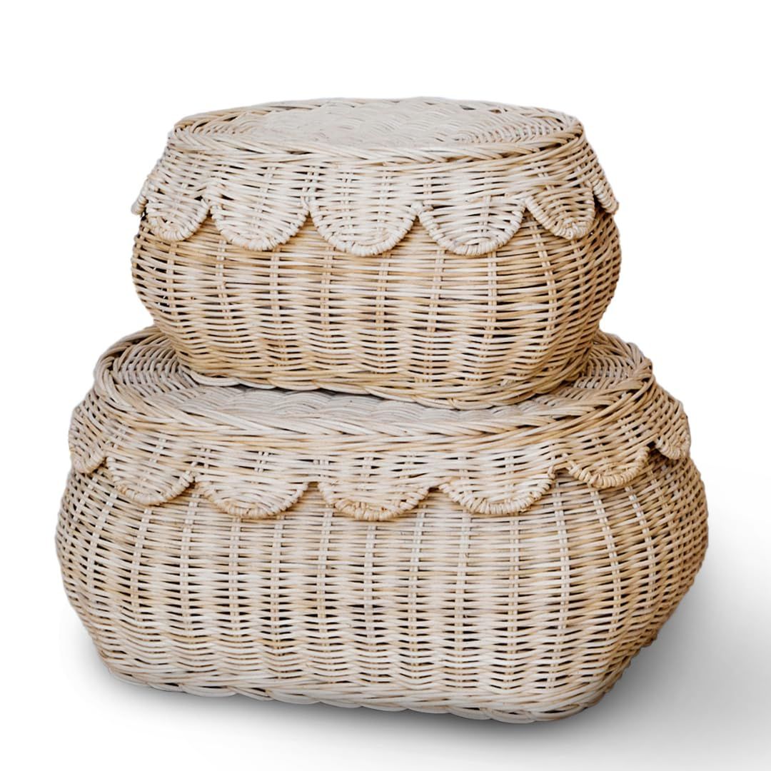 BEBE BASK Hand woven Rattan Basket Set Of 2-15x10x6 Inch - Scalloped Baskets - Round Wicker Basket W | Amazon (US)