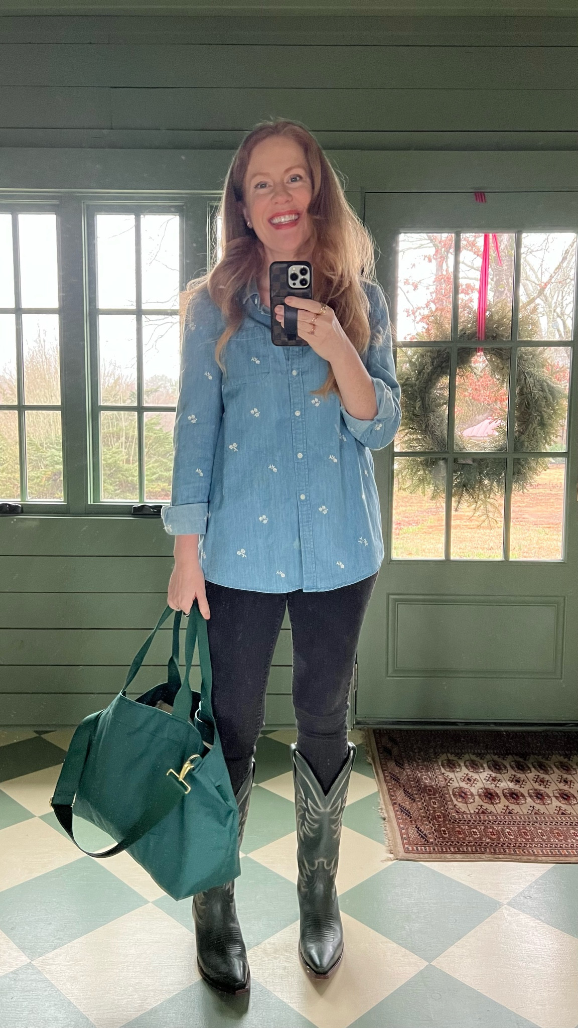 western wear embroidered top embroidered button up chambray skinny jeans cowboy boots country concert oversized tote

#LTKStyleTip #LTKFindsUnder100 #LTKOver40