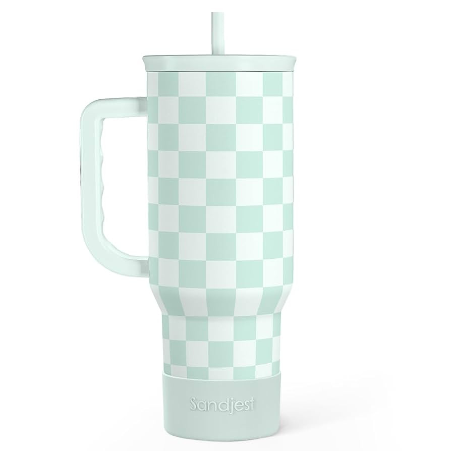SANDJEST Checkered Tumbler with Handle 40oz, Mint Checker Cup Stainless Steel Insulated Tumblers ... | Amazon (US)