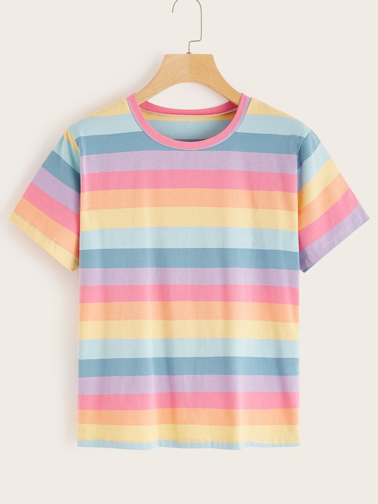 Rainbow Striped Short Sleeve Tee | SHEIN
