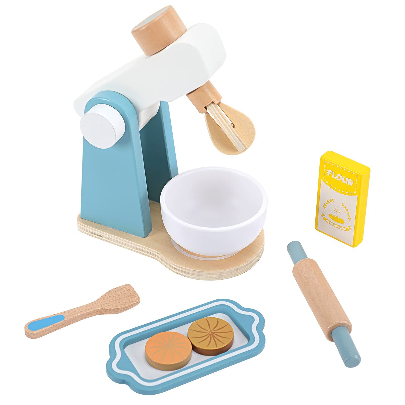 WHOHOLL Wooden Kitchen Toys, 8 Pcs Mixer Toy Set Play Kitchen Accessories with Rolling Pin Cookie fo | Amazon (US)