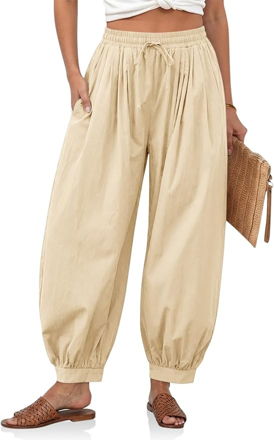 Cicy Bell Womens Baggy Pleated Harem Pants Summer Elastic High Waisted Wide Leg Balloon Cotton Lo... | Amazon (US)
