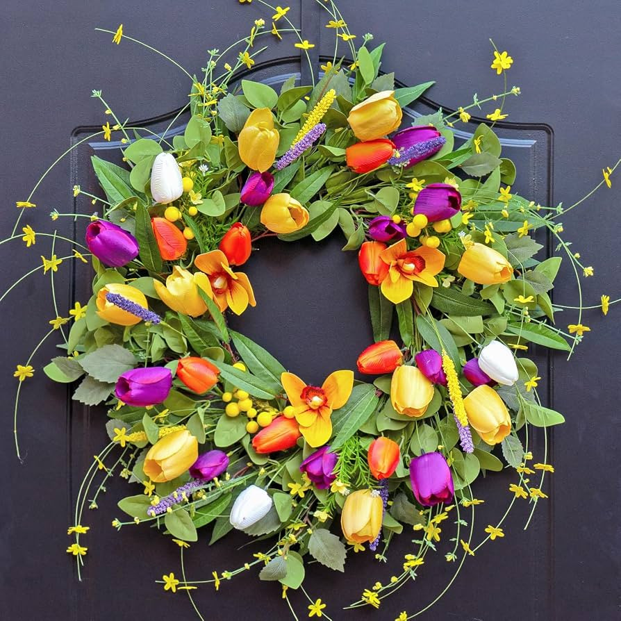 Spring Wreaths for Front Door 24 Inch,Spring Summer Wreath with Colorful Tulip,Eucalyptus and Fer... | Amazon (US)