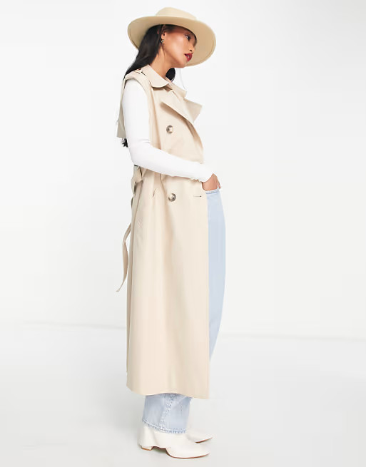 River Island sleeveless trench coat in light beige | ASOS (Global)