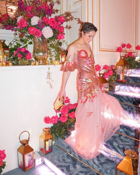 Pink sequin and embroidered gown for a the Hope Gala at the Mandarin Oriental Hotel in Hyde Park, London. The bag is patent gold and earrings are Boodles but similar styles below ✨

#LTKeurope #LTKparties