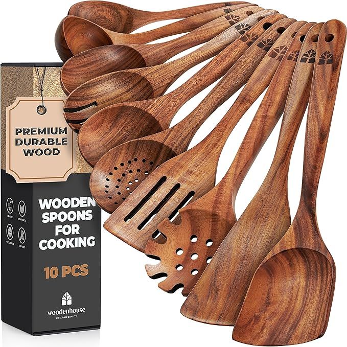 Wooden Spoons for Cooking, 10 Pcs Teak Wood Cooking Utensil Set - Wooden Kitchen Utensils for Non... | Amazon (US)