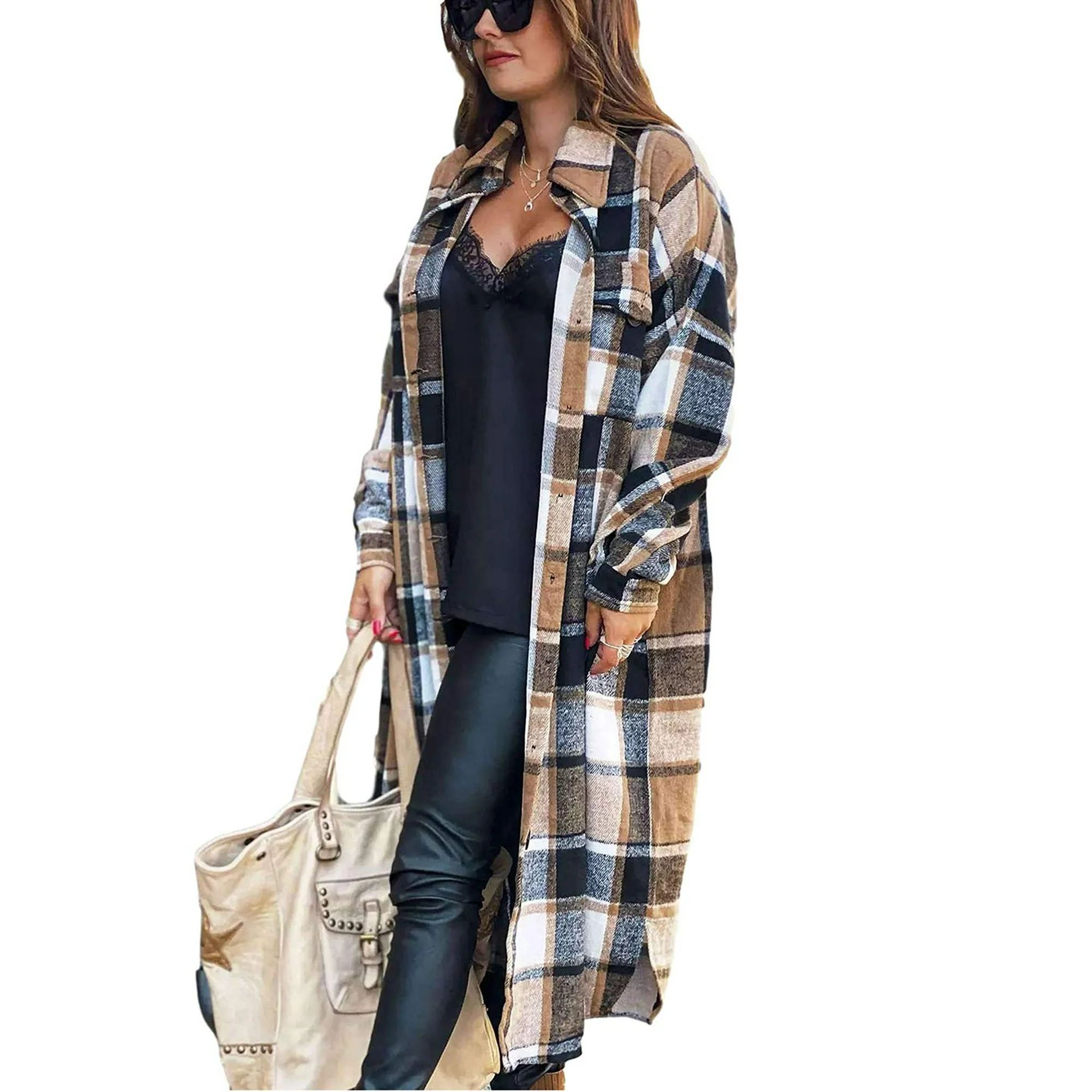 Fantaslook Flannel Shirts for Women Button Up Plaid Shirt Long Pocketed Shacket Jacket Coat | Walmart (US)