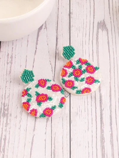 Flower Detail Beaded Round Drop Earrings | SHEIN