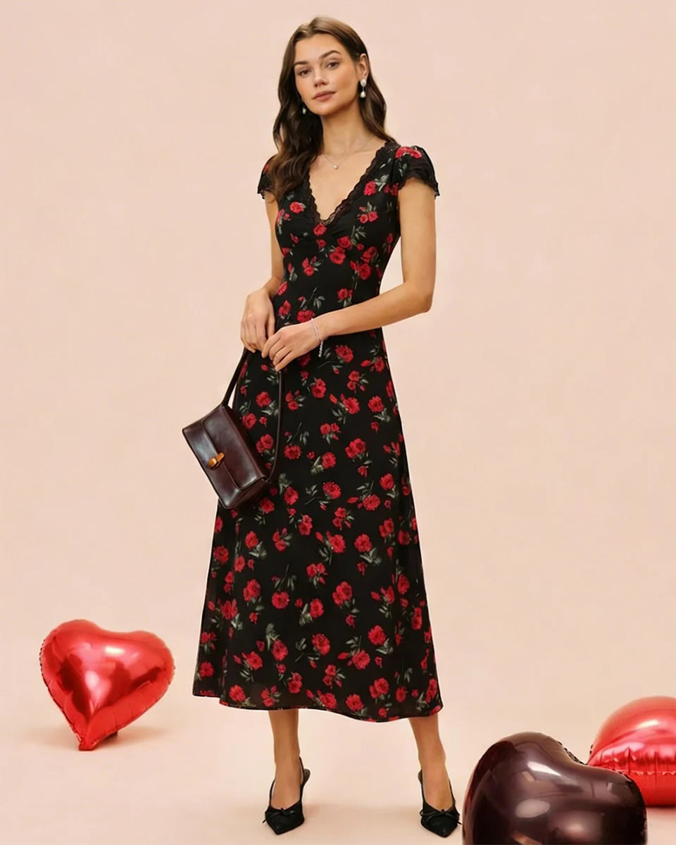 Black Floral V Neck Maxi Dress | rihoas.com