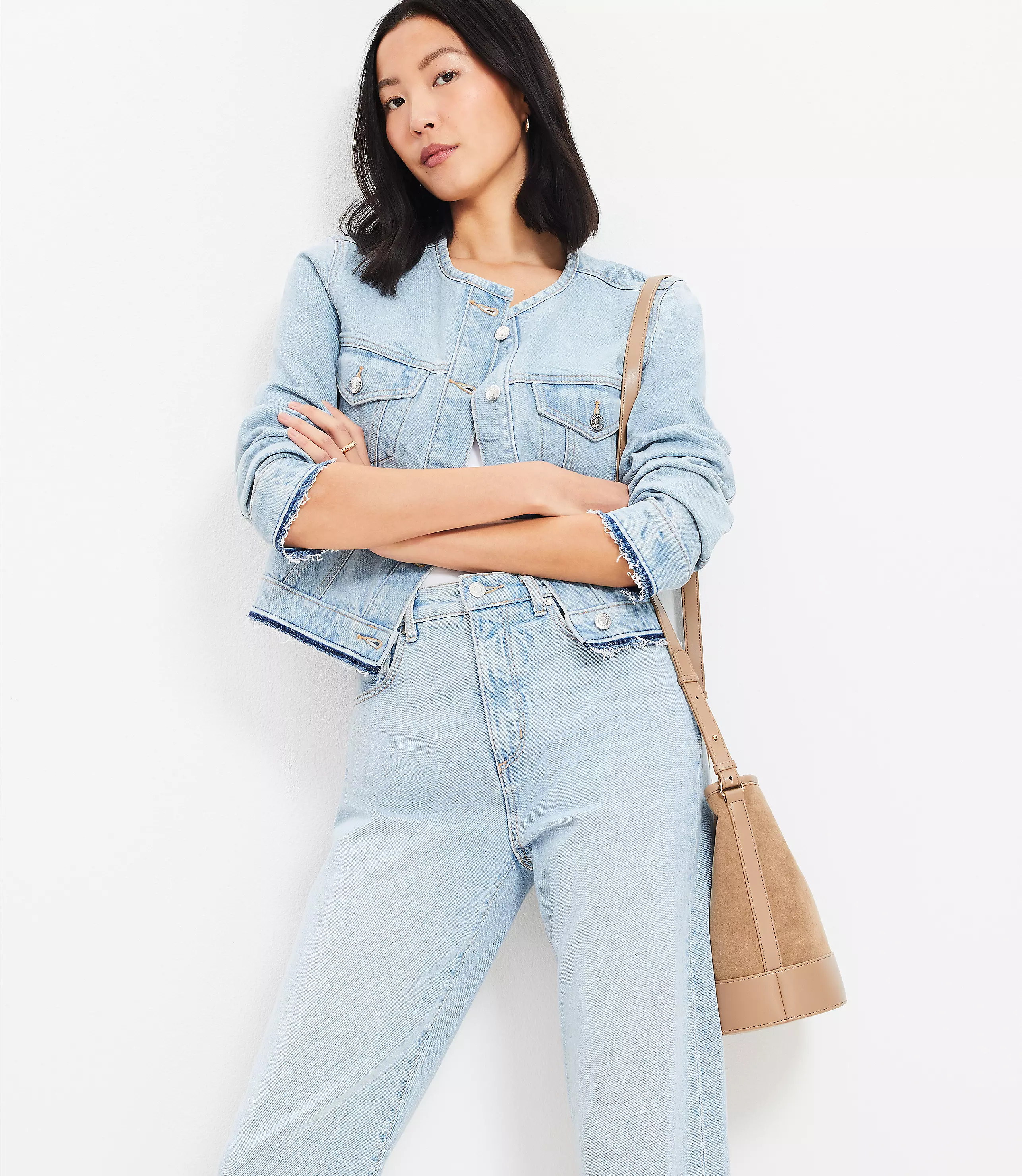 Collarless Denim Jacket in Destructed Light Wash | LOFT