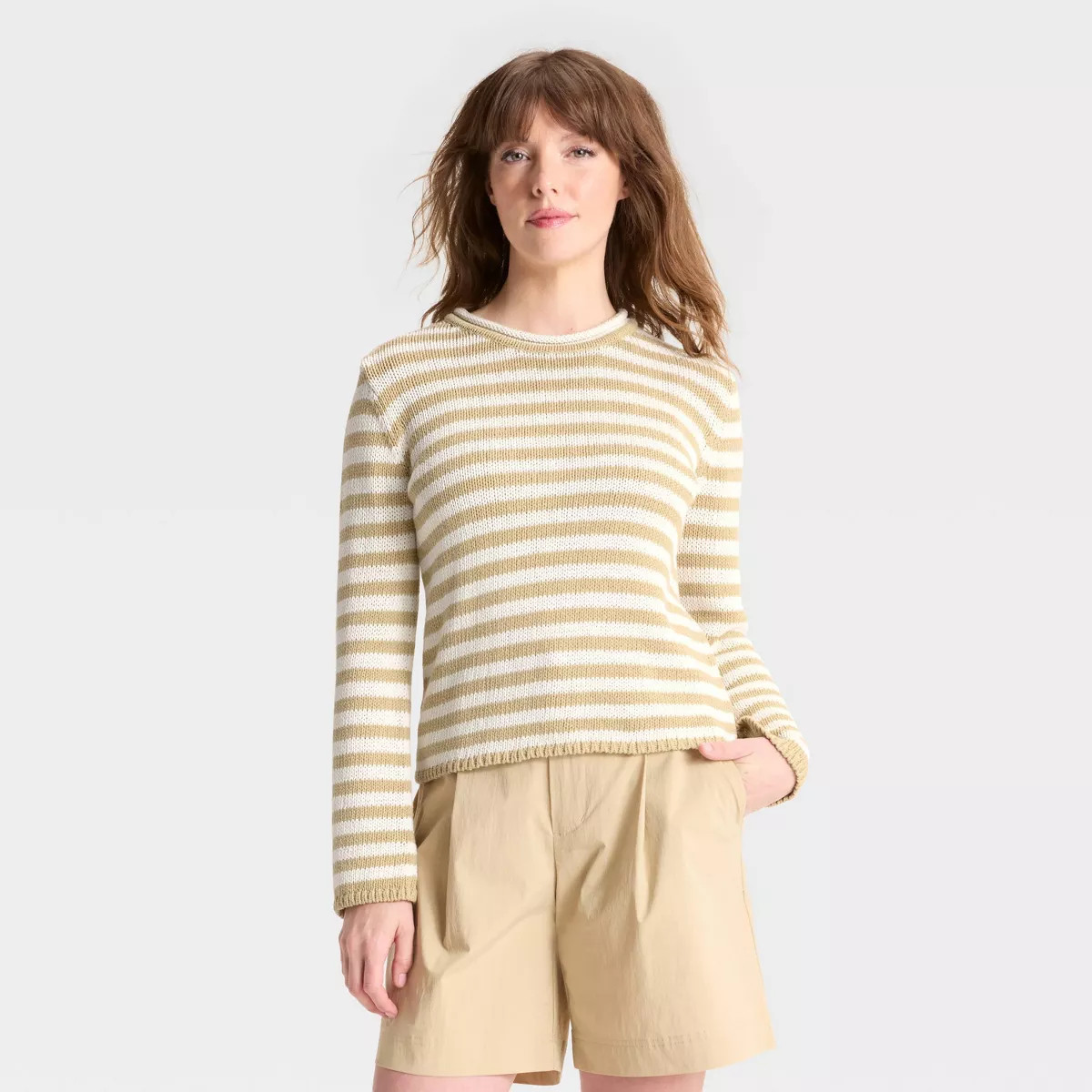 Women's Shrunken Crewneck Pullover Sweater - A New Day™ Tan/White Striped L | Target