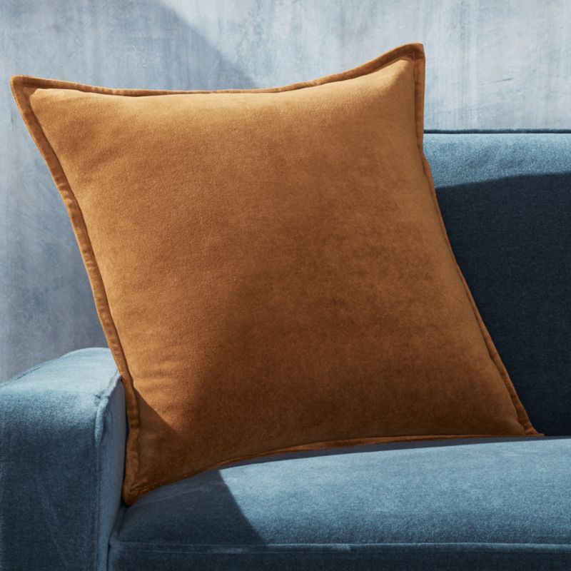 Brenner Velvet Cognac Pillow with Feather-Down Insert 20" + Reviews | Crate and Barrel | Crate & Barrel