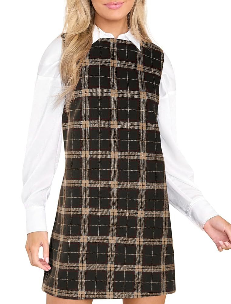 Women's Plaid Christmas Dress Mini Sleeveless Round Neck A Line Short Xmas Party Dresses | Amazon (US)