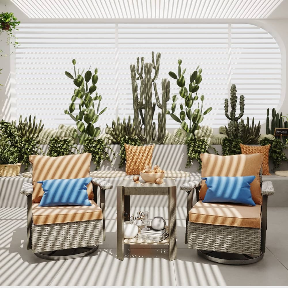 MeetLeisure 3-Piece Patio Wicker Bistro Set - Outdoor 360 Degree Swivel Rattan Chairs Set of 2 wi... | Amazon (US)