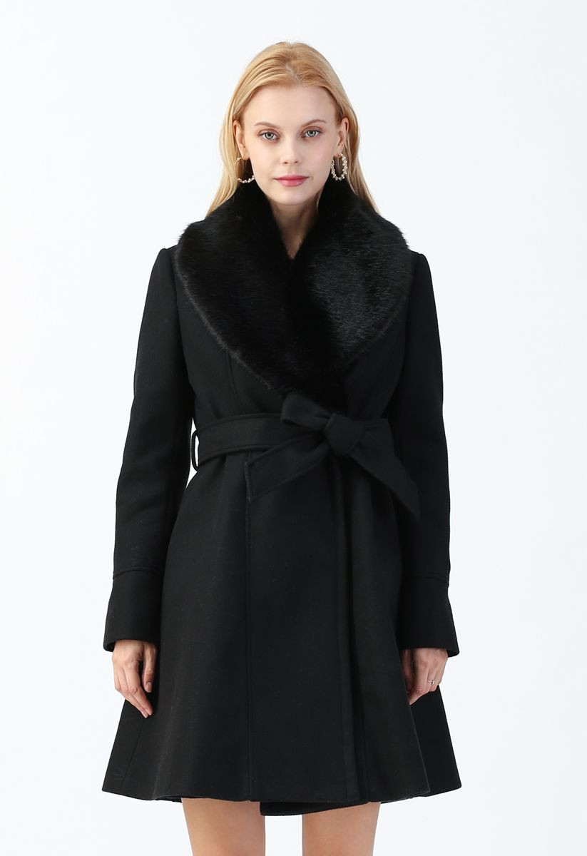 Faux Fur Collar Belted Flare Coat in Black | Chicwish