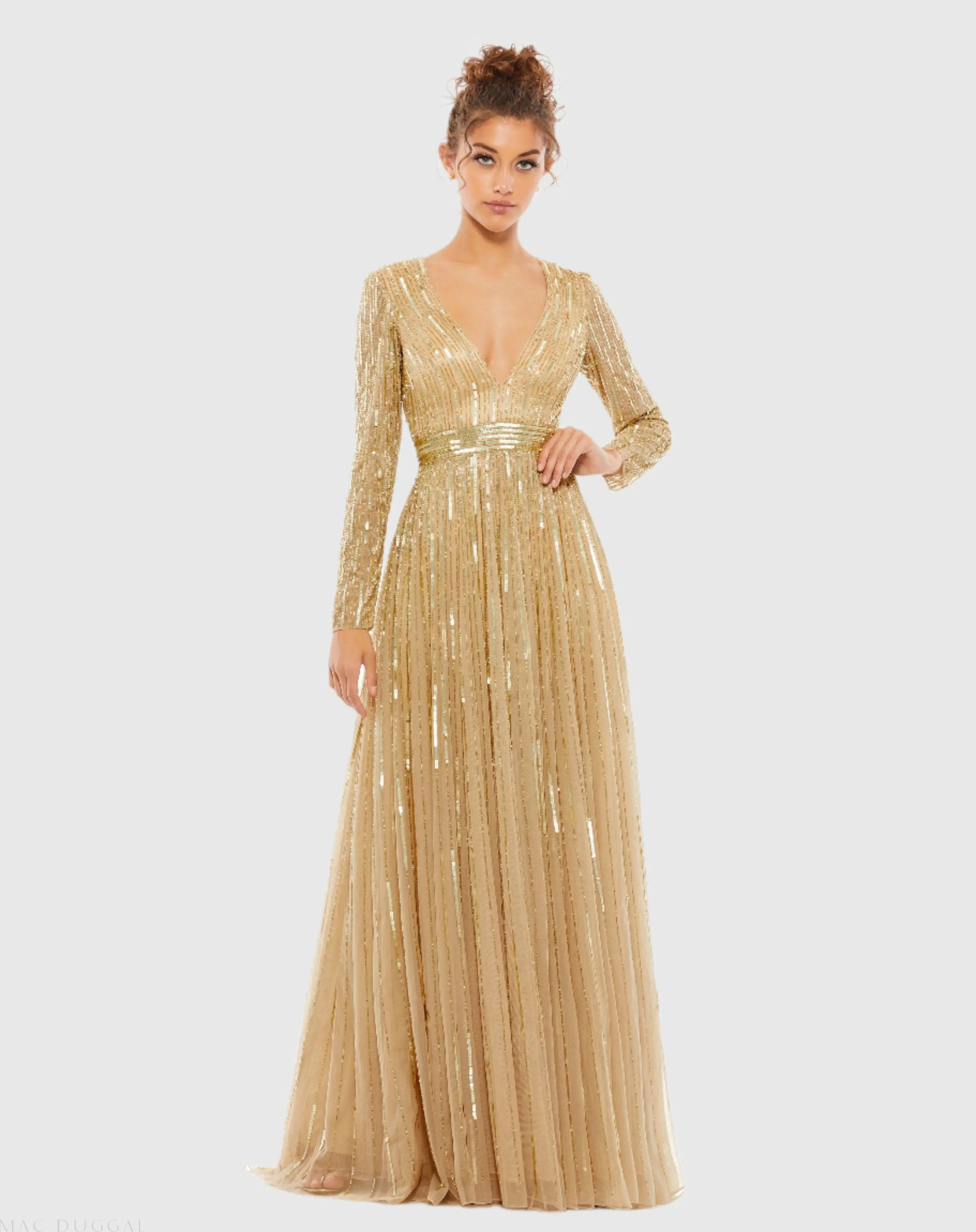 Gold Sequined V Neck Illusion Sleeve A Line Gown | Mac Duggal | Mac Duggal