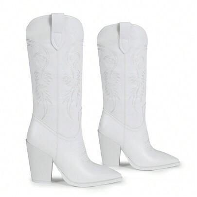 ISNOM Cowgirl Boots For Women, Embroidered Pointed Toe Chunky Heel Western Boots | SHEIN