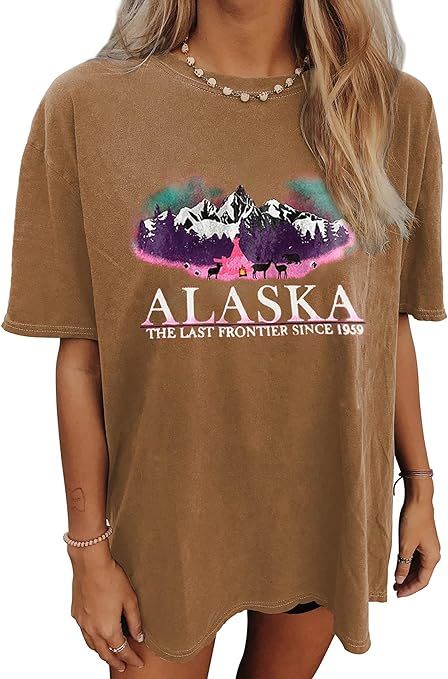 CSDAJIO Women's Graphic Oversized Tee Mountain Letter Print Alaska Shirt Vintage Half Sleeve Loos... | Amazon (US)