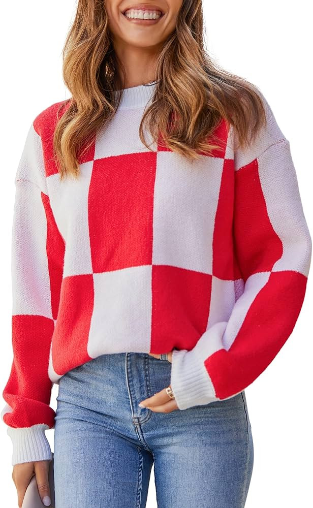 CCTOO Women's Color Block Sweaters Casual Long Sleeve Plaid Print Crew Neck Knitted Pullover Jump... | Amazon (US)