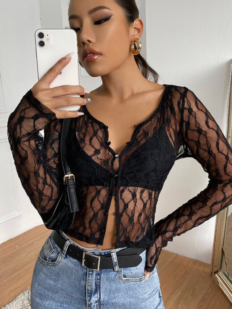 Button Up Sheer Lace Top Without Bra | SHEIN