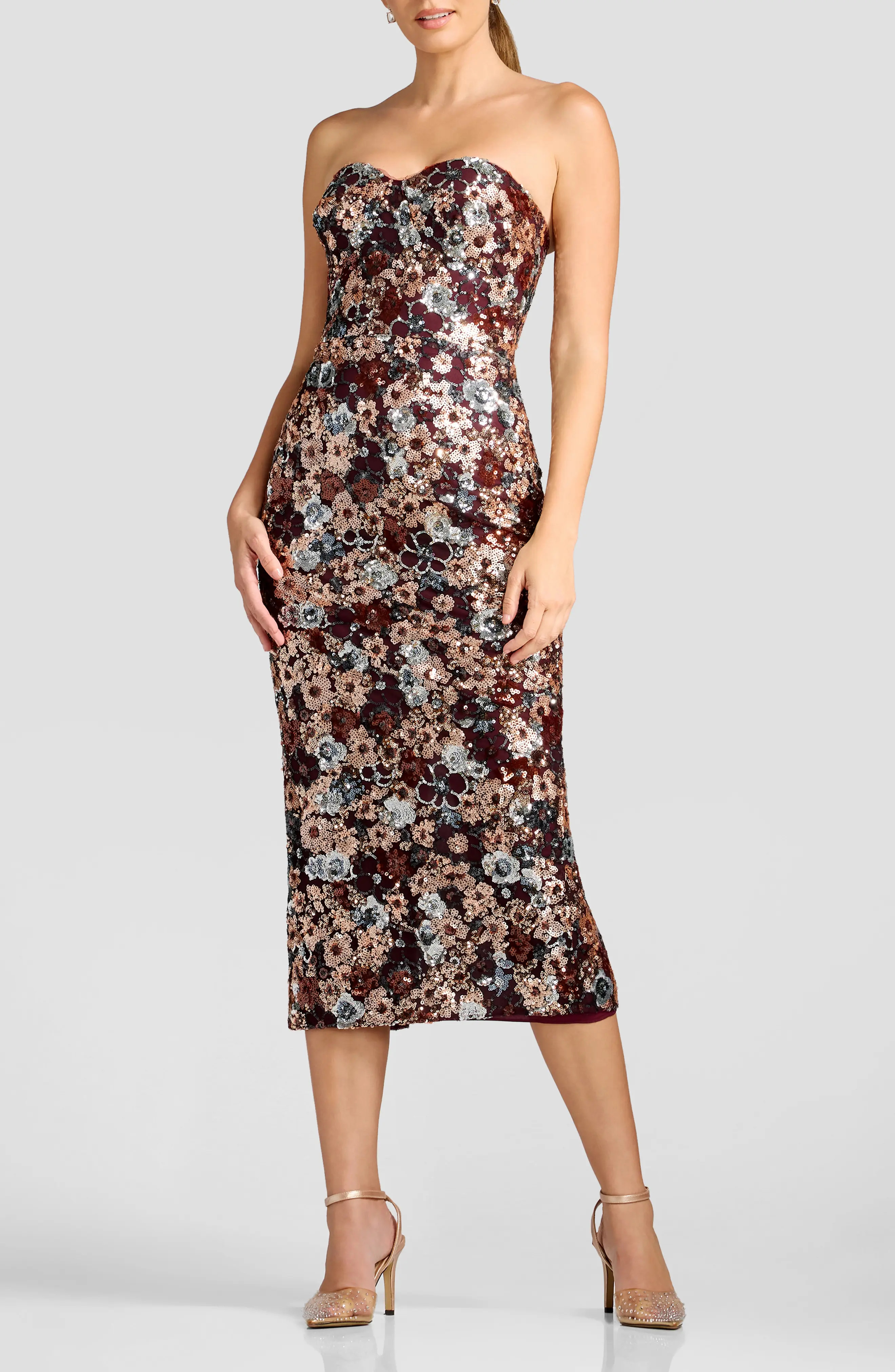 Dress the Population Vada Floral Sequin Strapless Midi Dress in Burgundy Multi at Nordstrom, Size X-Large | Nordstrom