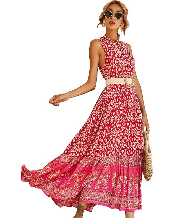 R.Vivimos Women's Summer Sleeveless Floral Print Button Up Bohemian Flowy Maxi Dresses | Amazon (US)