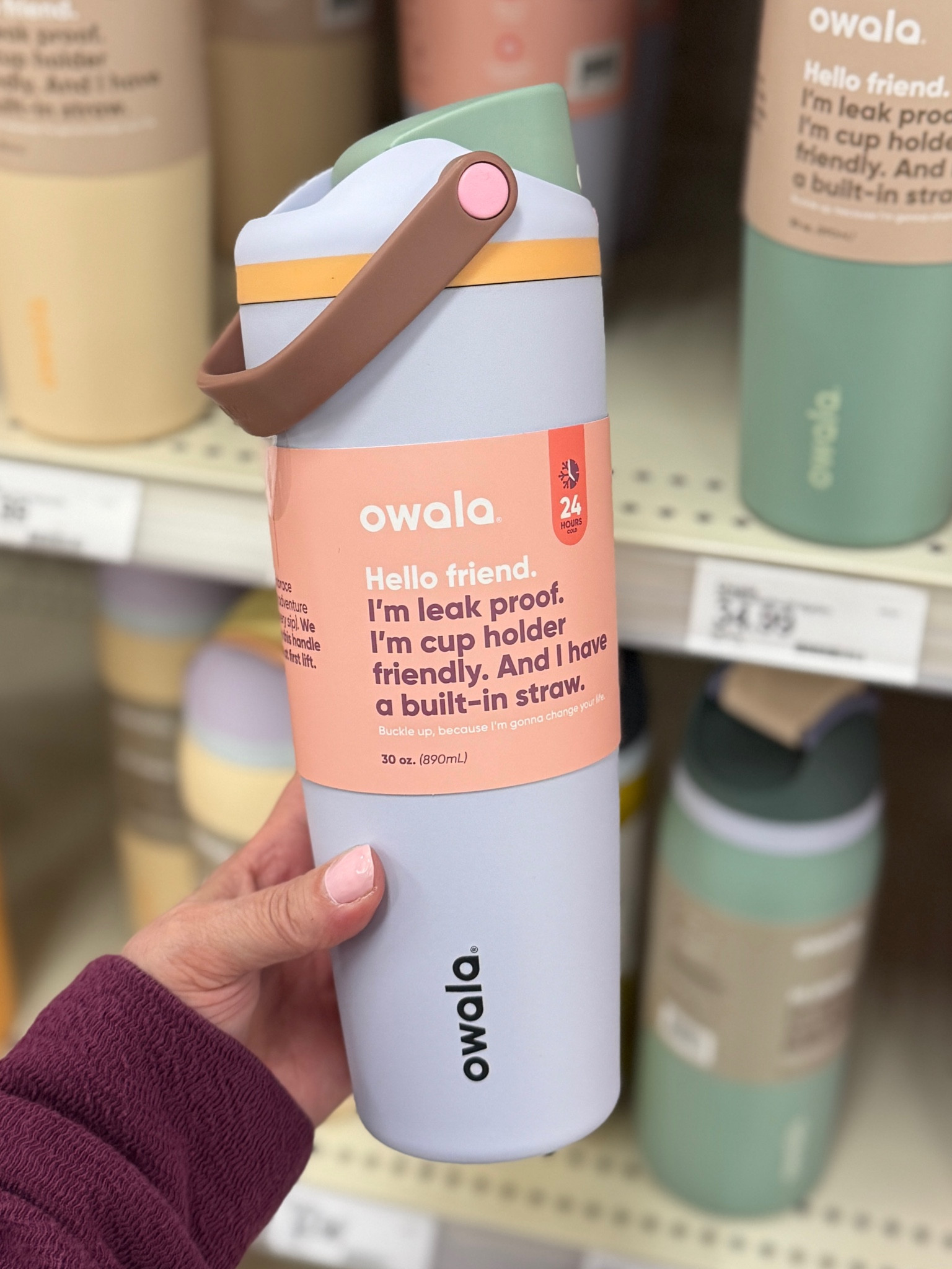 New Owala! It has a cool grab-and-go bucket handle & the FreeSip spout with built in straw that we know & love!

The 30oz FreeSip Sway Stainless Steel water bottle is brand new & available to purchase on 2/9 online at Target 

