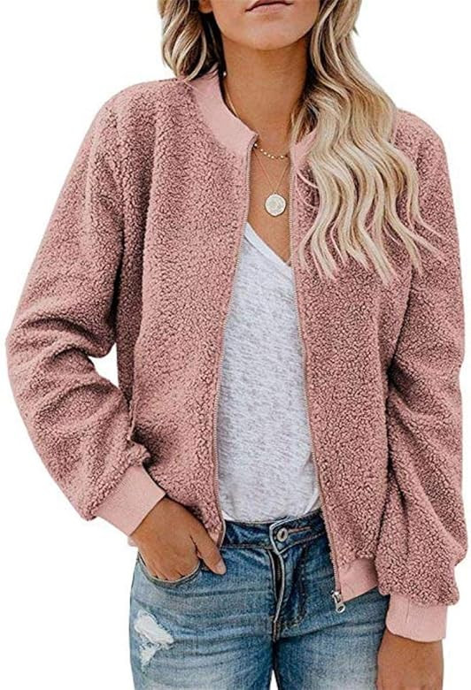 MIROL Women's Sherpa Fleece Jacket Faux Fuzzy Long Sleeve Casual Zip Up Bomber Coat | Amazon (US)