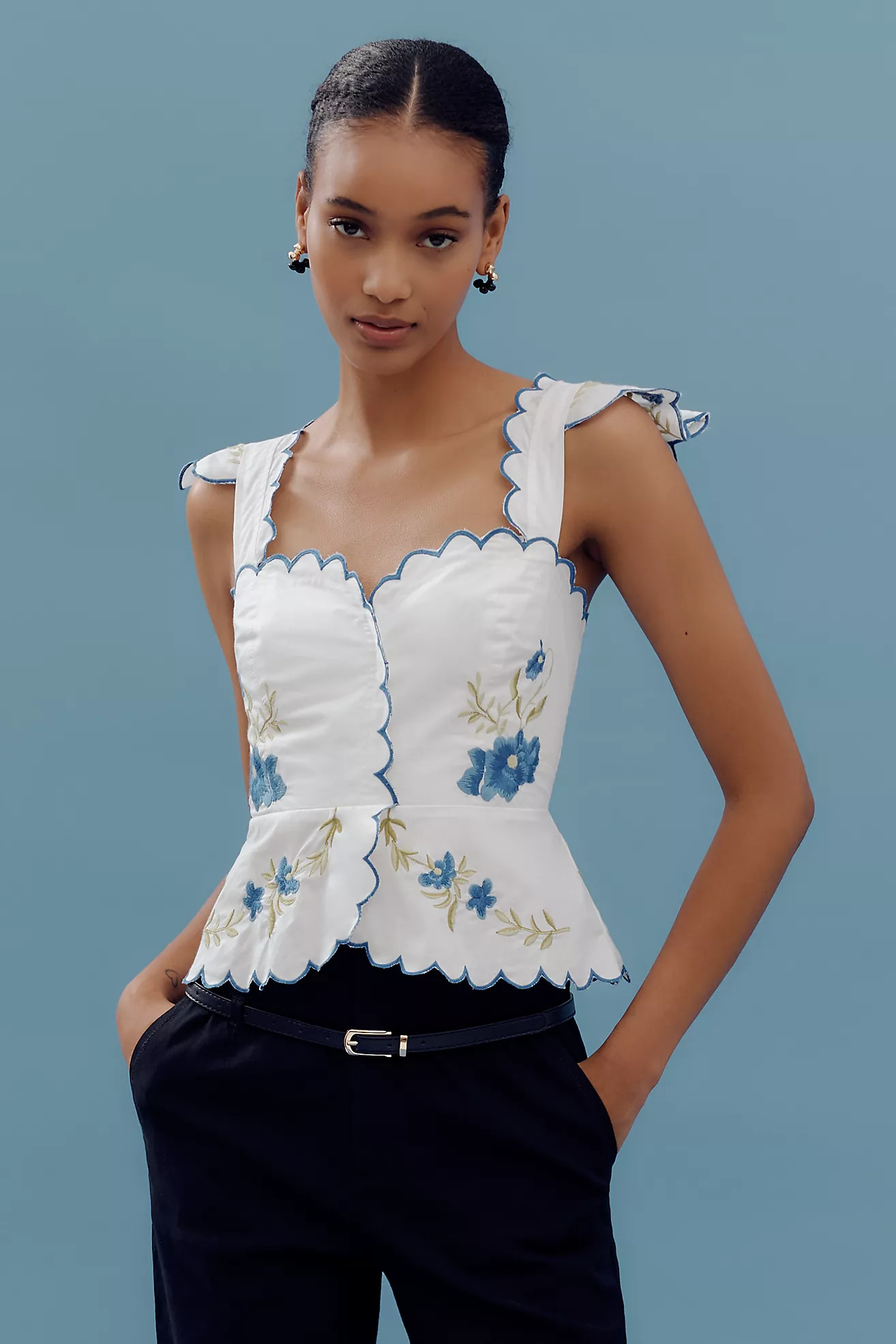 Maeve Ruffle-Strap Scallop Tea Towel Peplum Top | Anthropologie (US)
