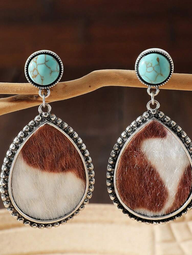 1pair Western Style Retro Turquoise Beads & Cow Print Drop Earrings For Women | SHEIN