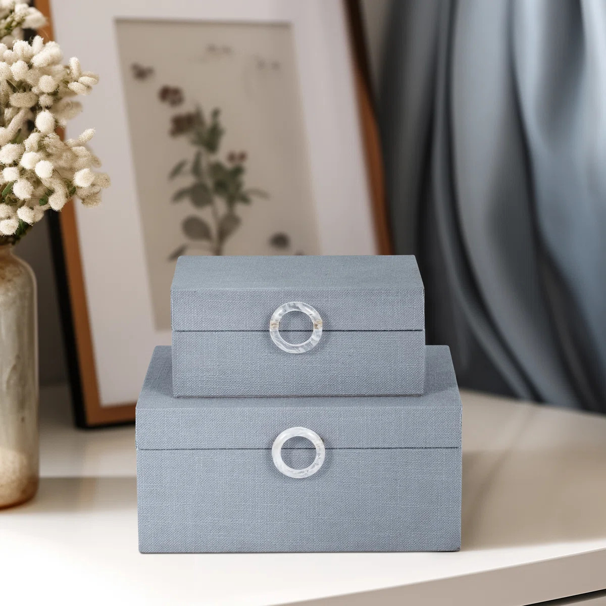 Modern Wood and Velvet Storage Boxes with Decorative Circular Pull - Set of 2 | Wayfair North America