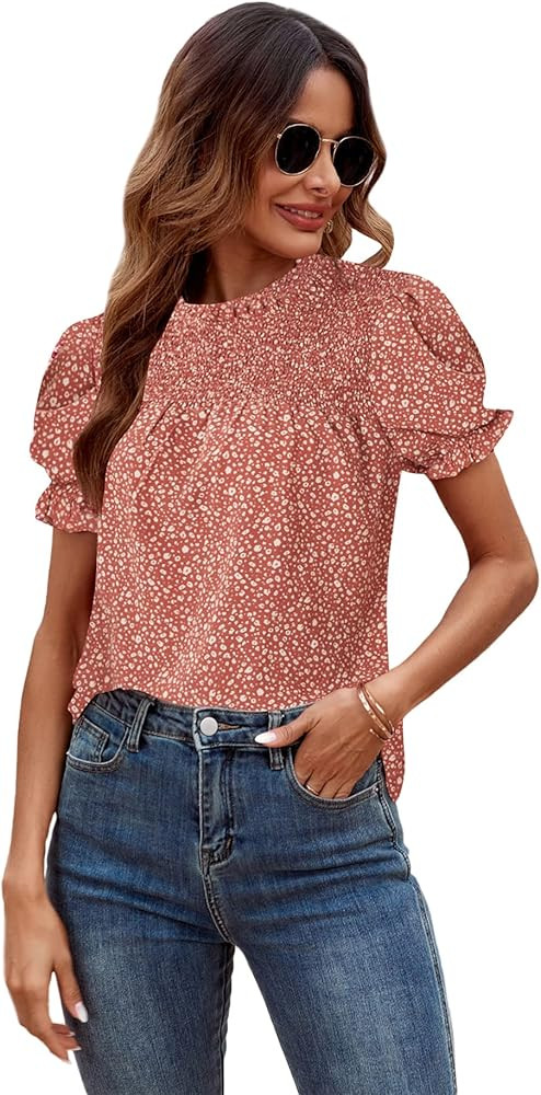 Milumia Women Mock Neck Puff Sleeve Floral Print Blouse Shirred Work Top | Amazon (US)