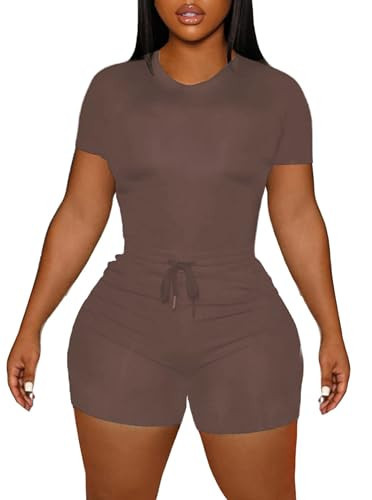 LovelyWholesale Short Sets for Women Summer 2 Piece Outfits Casual Workout Sets Brown Small | Amazon (US)