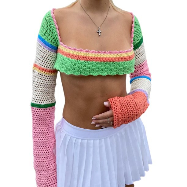 Women Y2k Long Sleeve Knit Crop Top Casual Color Block Crochet Cropped Sweater Tops Square Neck K... | Walmart (US)