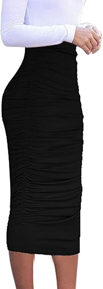 Vivicastle Women's USA Ruched Frill Ruffle High Waist Pencil Mid-Calf Skirt | Amazon (US)