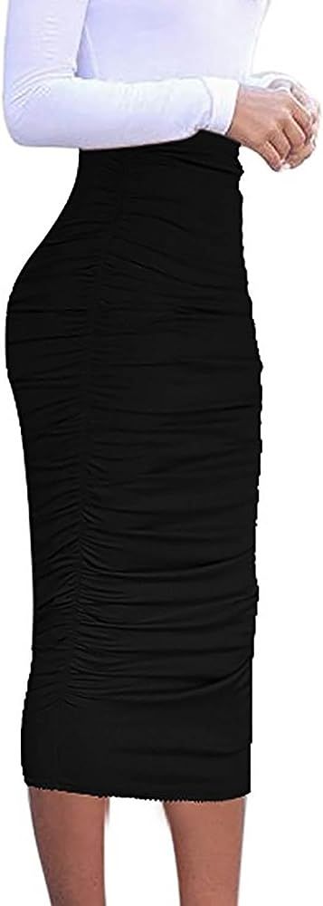 Vivicastle Women's USA Ruched Frill Ruffle High Waist Pencil Mid-Calf Skirt | Amazon (US)