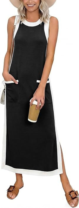 Women 2026 Summer Color Block Maxi Dress Sleeveless Crewneck Side Split Beach Dress Flowy Cover U... | Amazon (US)