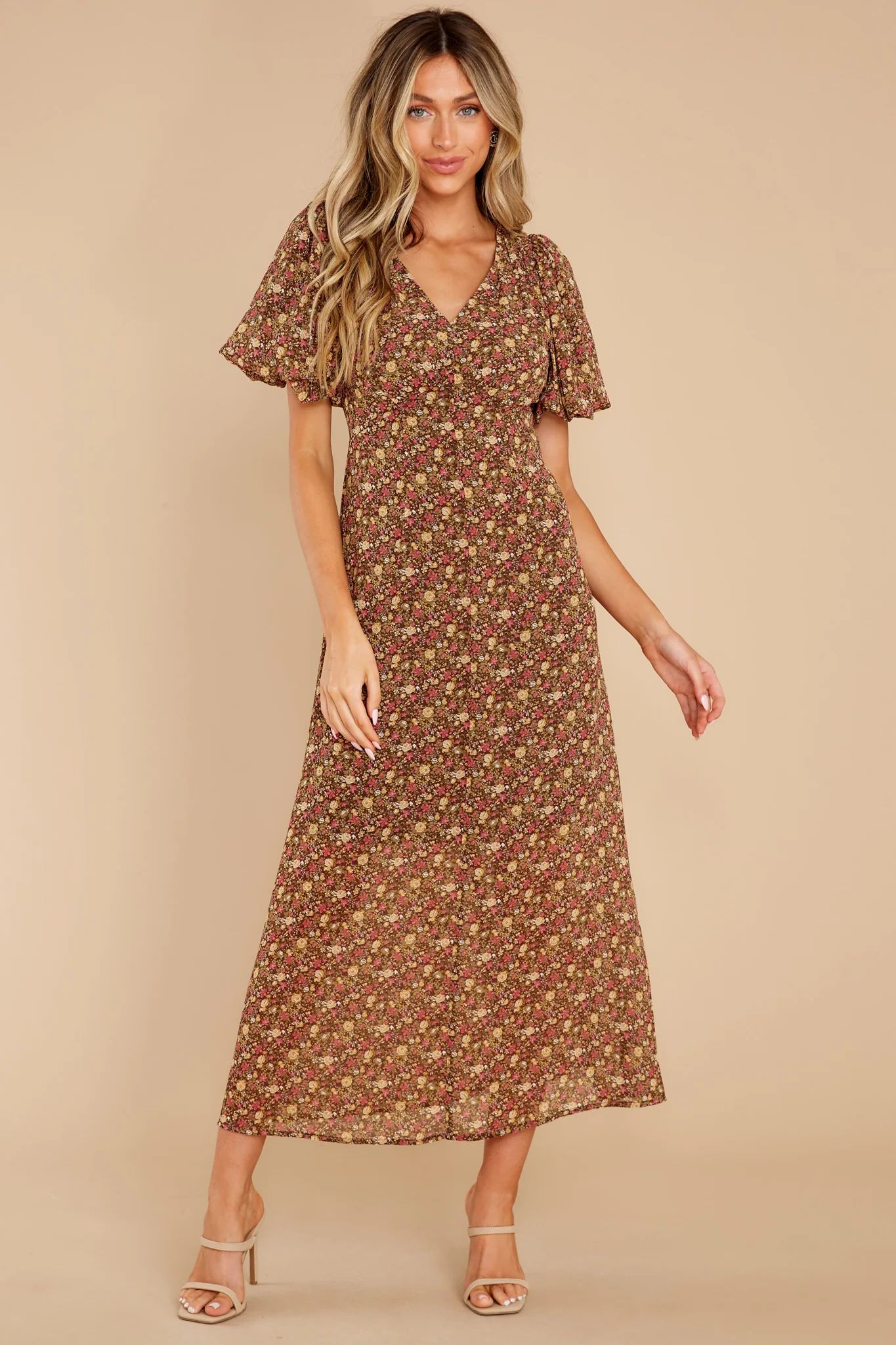 New Season Brown Floral Print Maxi Dress | Red Dress 