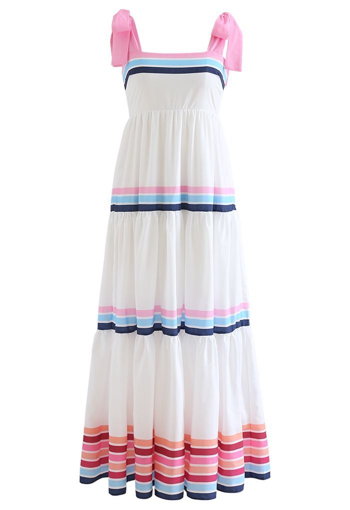 Multi Color Stripe Printed Tie-Strap Maxi Dress | Chicwish
