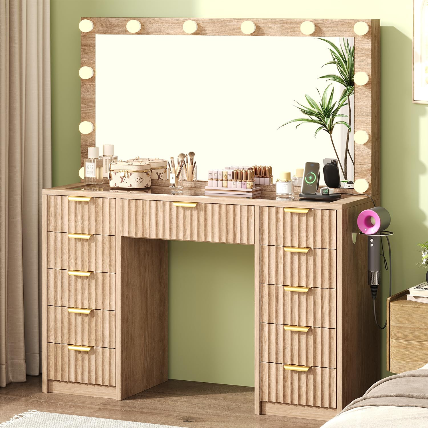 11 Drawers Fluted Vanity Desk with Glass Top, 47" Makeup Vanity with Large Mirror and 12 LED Ligh... | Amazon (US)