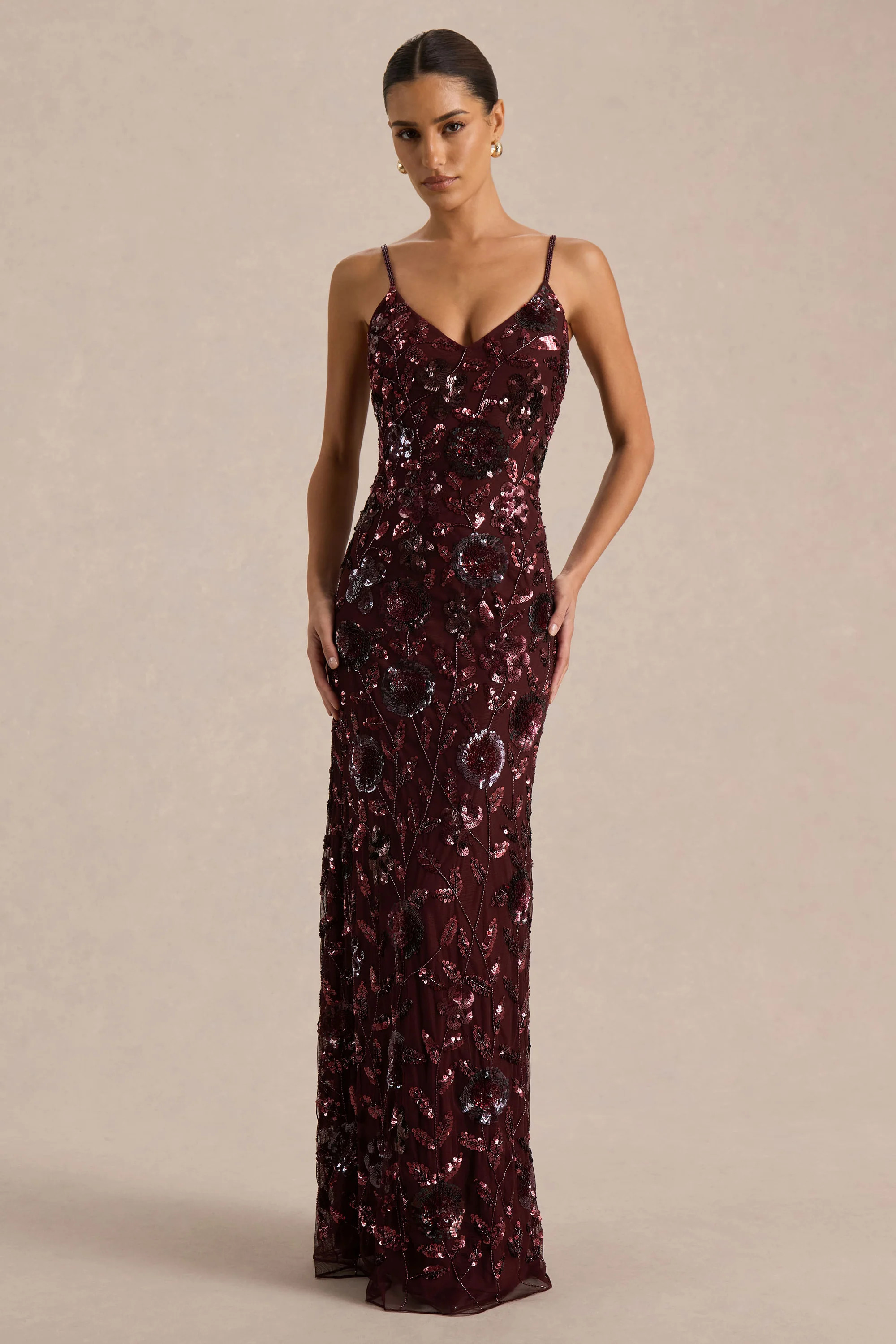 Gemini | Burgundy Floral Sequin Embellished Strappy Maxi Dress | Club L London