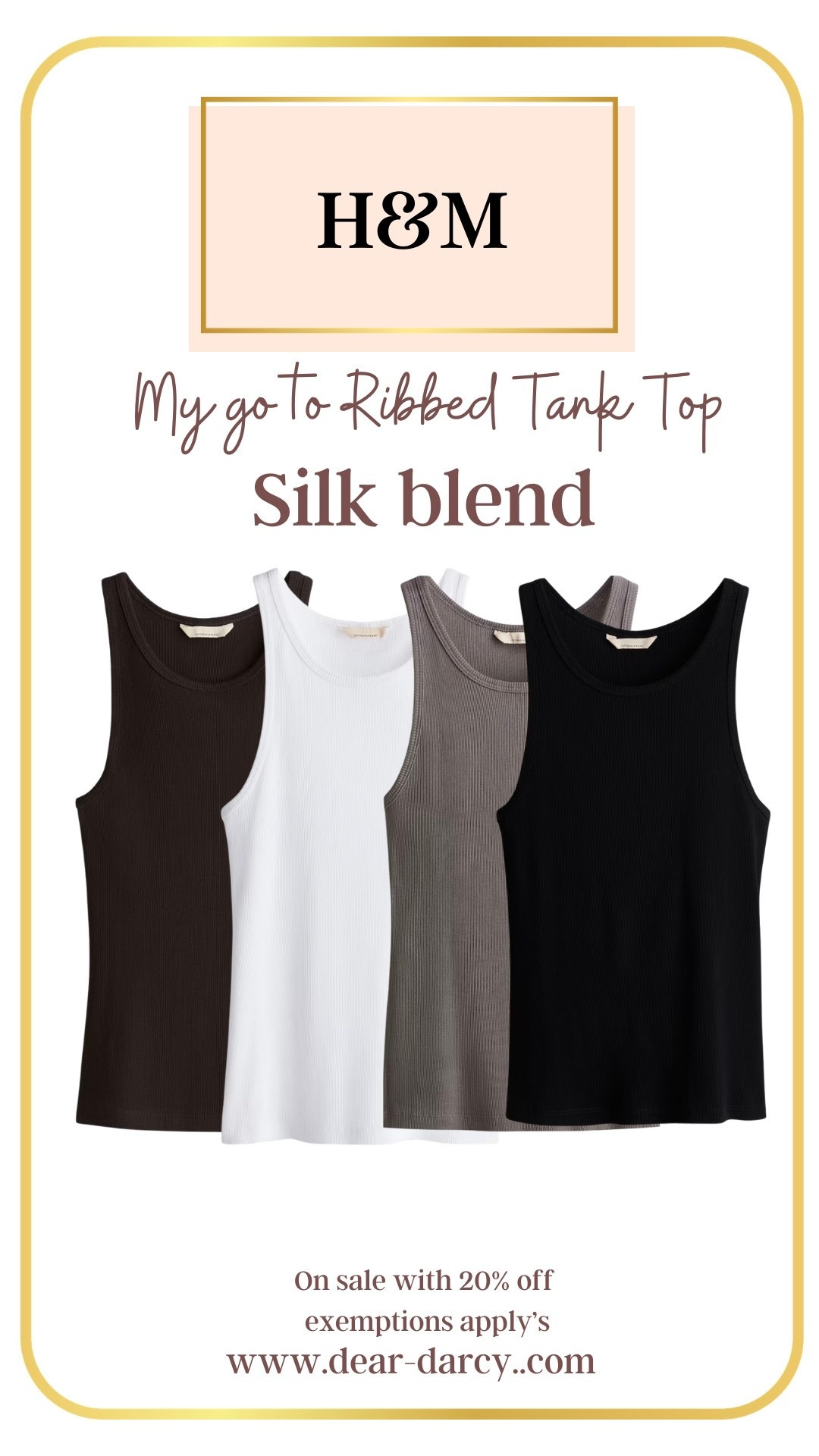 The Tank top you’ll want in your wardrobe basics✔️

H&M silk blend ribbed tank top

Comes in 4 colors
Brown,White,Taupe,Black
Fits TTS

Perfect worn alone or layered under your favorite cardigan, blazer or jacket

$29.99 and 20% off 
Exclusions apply

#LTKOver40 #LTKWorkwear #LTKgrwm