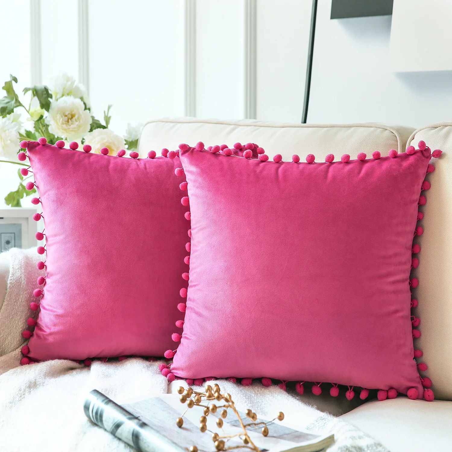 Phantoscope Pom Pom Velvet Series Decorative Throw Pillow, 18" x 18", Pink, 2 Pack | Walmart (US)