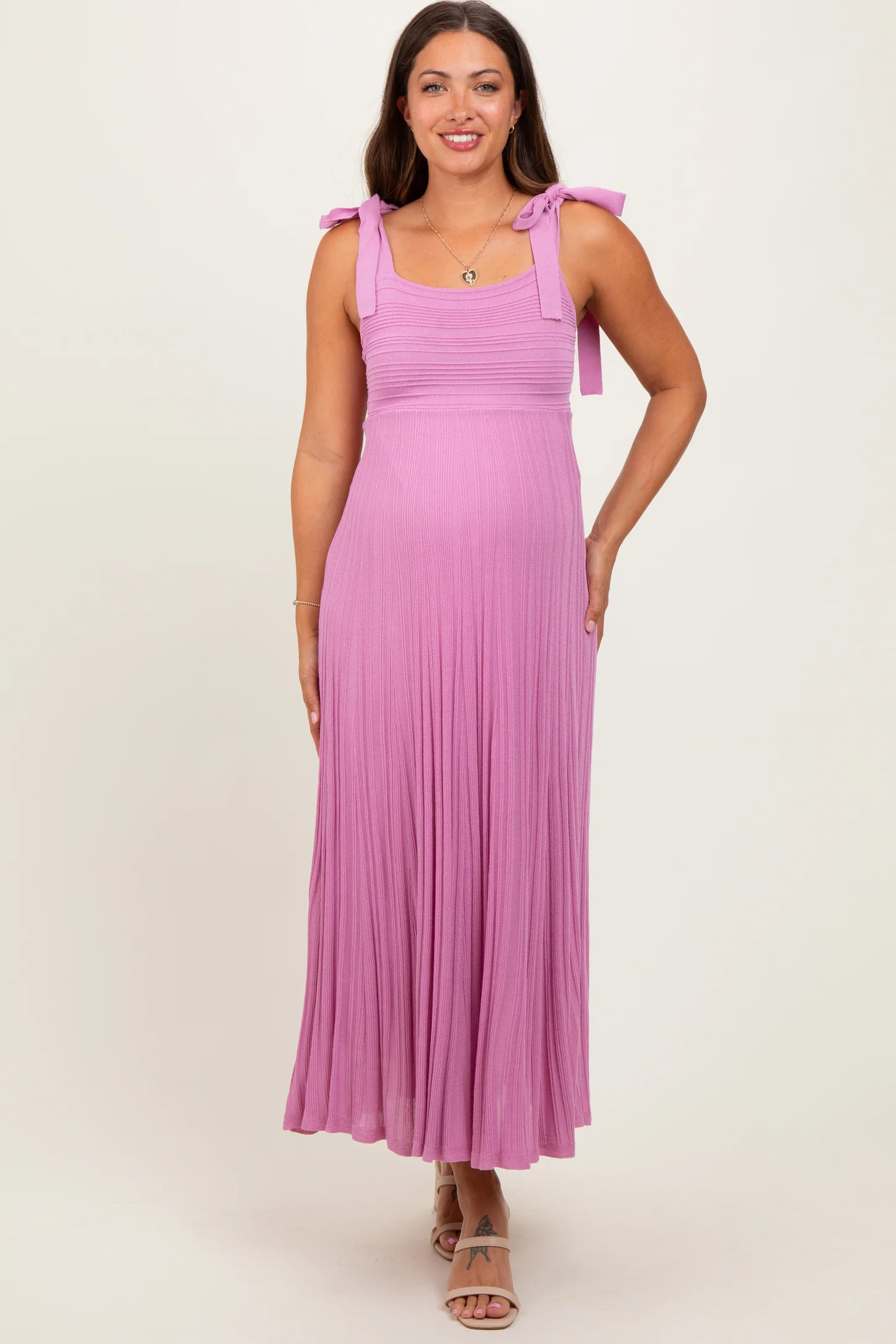 Mauve Textured Knit Shoulder Tie Maternity Midi Dress | PinkBlush Maternity