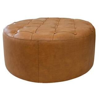 Ashcroft Furniture Co Tate Round Genuine Leather Ottoman in Tan Brown HMD00490 - The Home Depot | The Home Depot