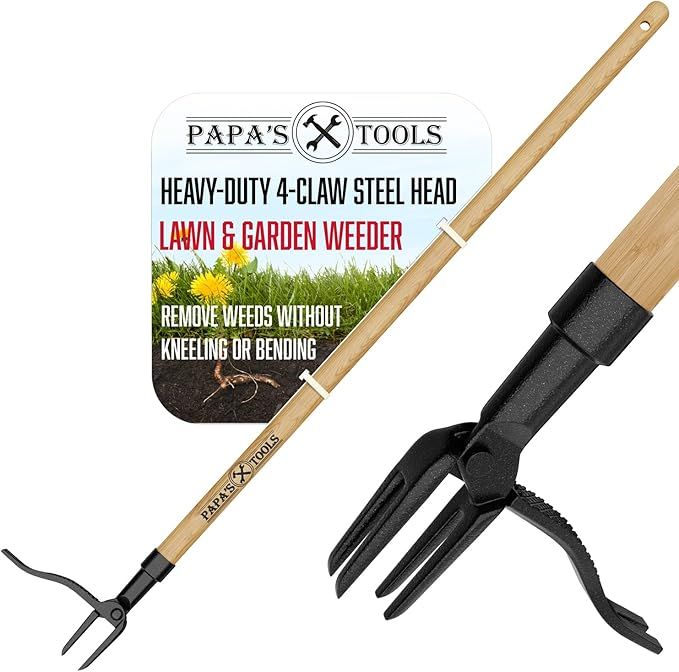 Papa's Tools Weeder - Stand Up Weed Puller Tool Made with Long Wooden Handle - Real Bamboo & 4-Cl... | Amazon (US)