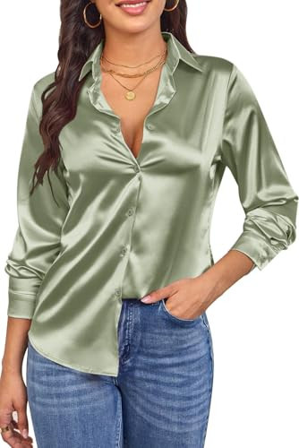 Women's Satin Silk Grass Green Button-Down Shirt Sexy Oxford Collar Long Sleeve Fitted Flowy Tunic Casual Blouse & Formal Work Dressy Top Grass Green XXL | Amazon (US)