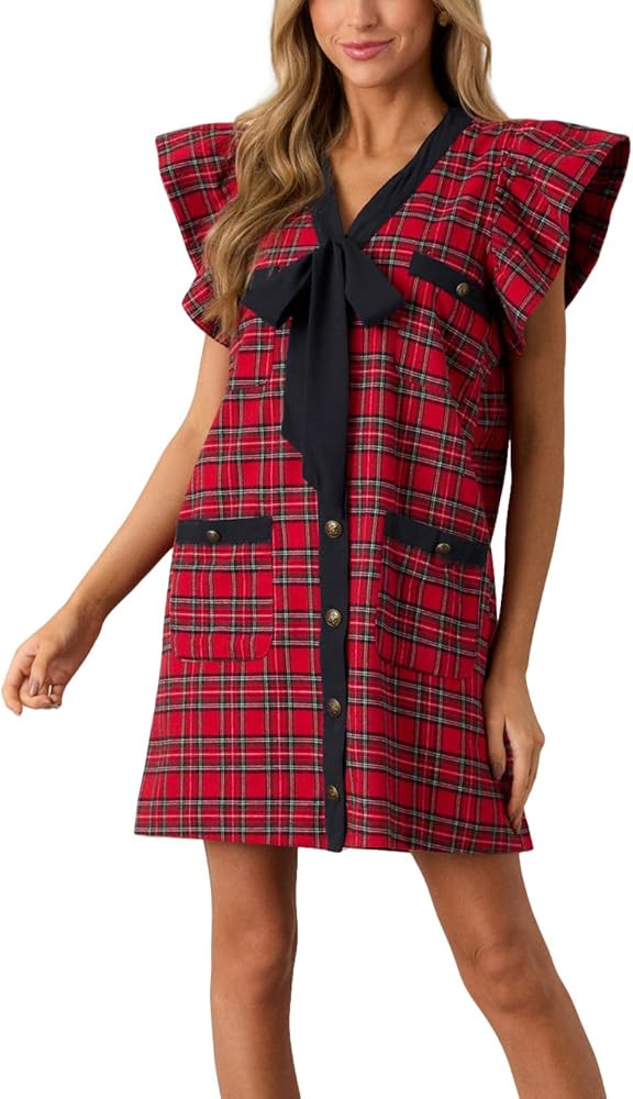 Women Plaid Mini Dresses V Neck Ruffle Sleeve Bow Button Front Shift Dress with Pocket | Amazon (US)