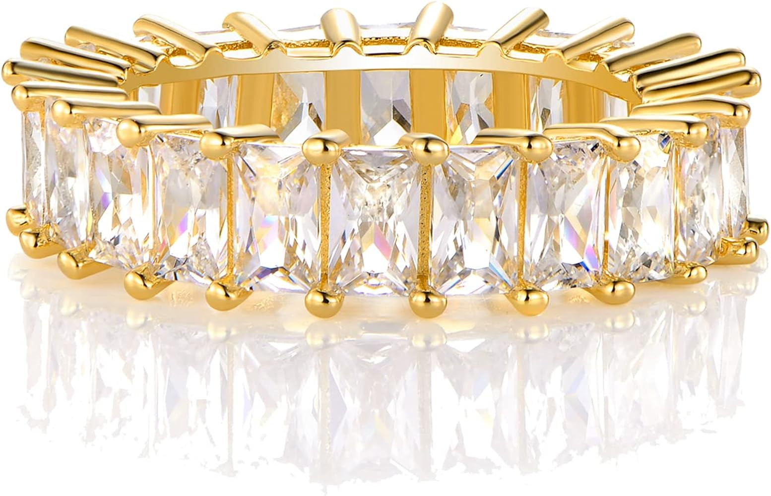 OPOMOMO 18K Gold Plated Ring Cubic Zirconia Emerald Cut Eternity Rings Gold Wedding Band | Amazon (US)