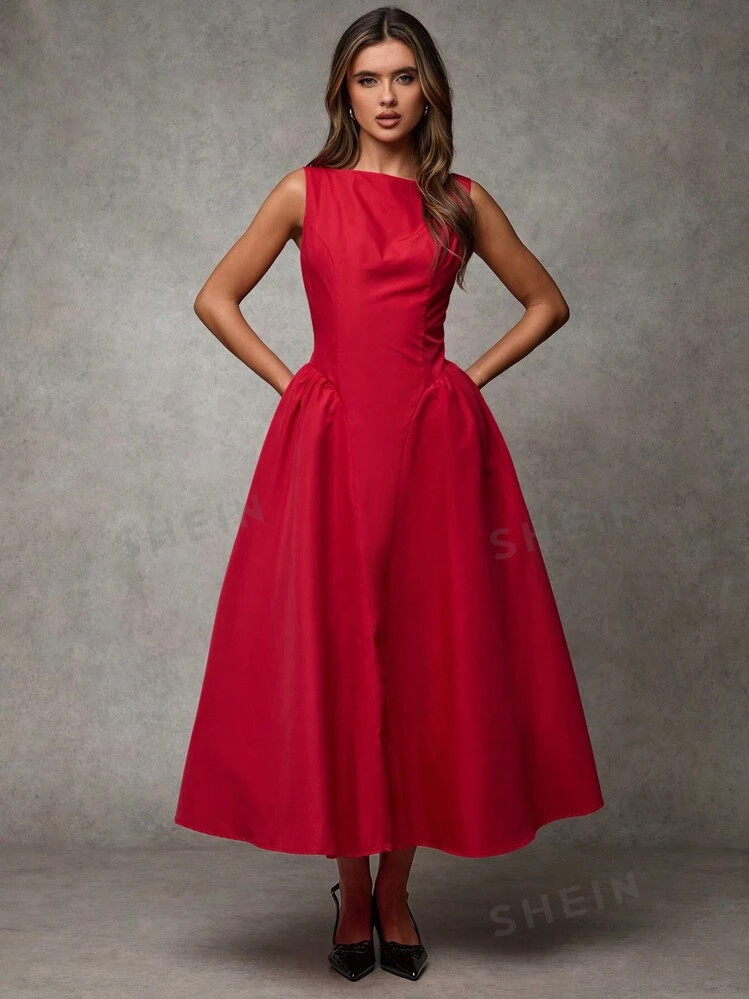 SHEIN BAE Women's Vintage Burgundy Sleeveless Dress, Bodycon Waist, Suitable For Date, Party, Bac... | SHEIN